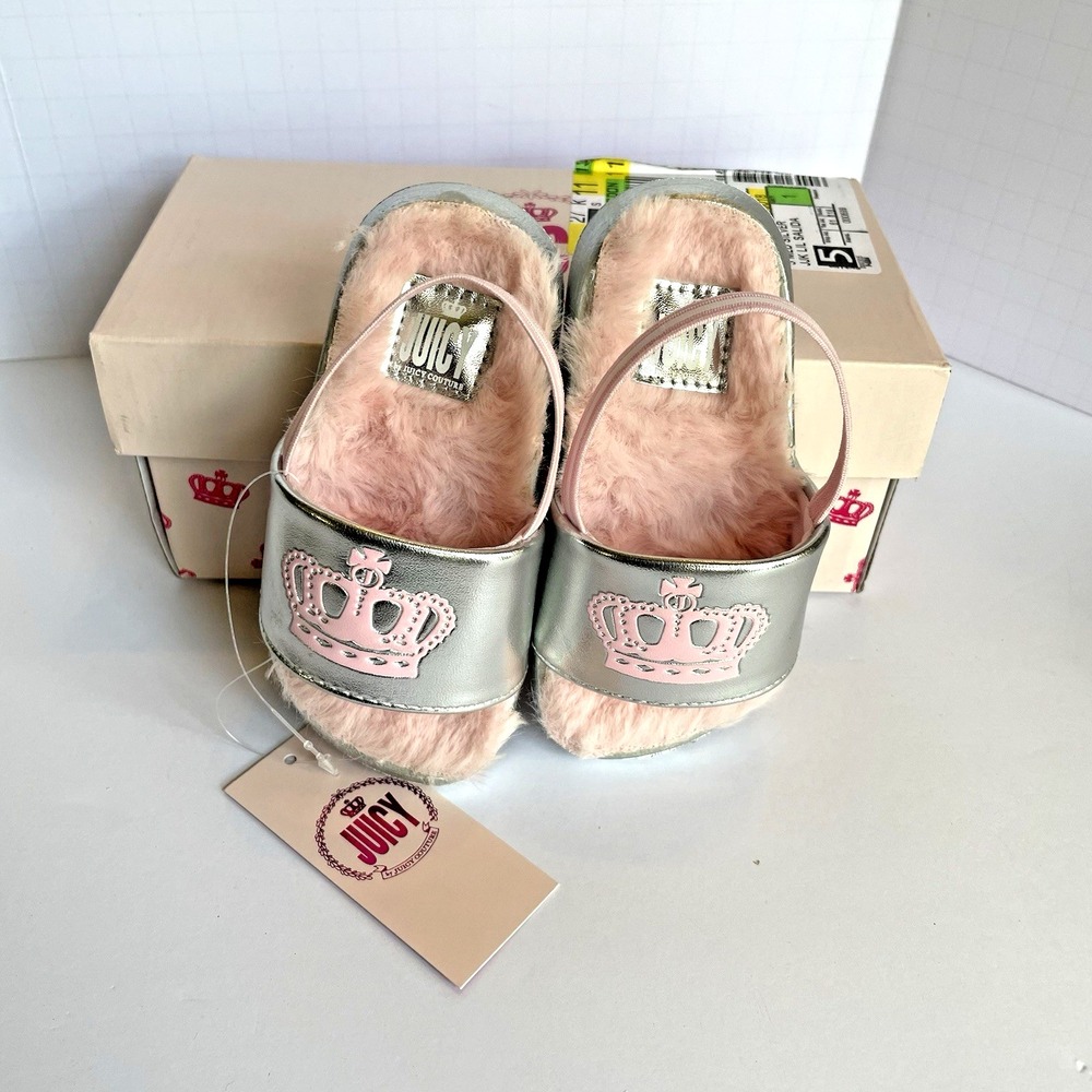 Juicy Couture Toddler Girl Sandals Size 5 LIL SALIDA Silver Pink Crown NWT Faux